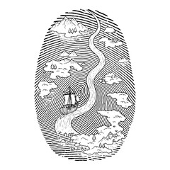 Surreal Fingerprint Landscape with River and Sailing Ship Woodcut Vector Illustration © Tomas