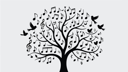 Stylized musical tree with abundant notes on its branches and birds flying around, capturing essence of nature's song and artistic harmony on light gray background