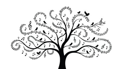 Whimsical black and white tree illustration with branches intricately designed as musical staves and notes, adorned with various birds, symbolizing nature harmony and melody