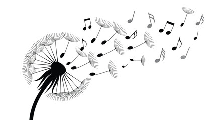 Abstract dandelion with musical notes blowing in wind illustration in black and white on clean white background representing creativity freedom and natural music flow