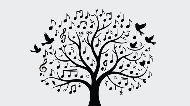 Stylized musical tree with abundant notes on its branches and birds flying around, capturing essence of nature's song and artistic harmony on light gray background