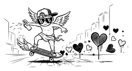 Cool cupid riding skateboard and spraying graffiti hearts vector illustration of urban street art style angel