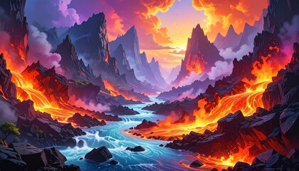 Stylized vibrant landscape of jagged peaks, fiery rivers and a serene stream under a dynamic cloudy sunset