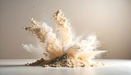 A dynamic explosion of beige powder, creating a cloud on a light background