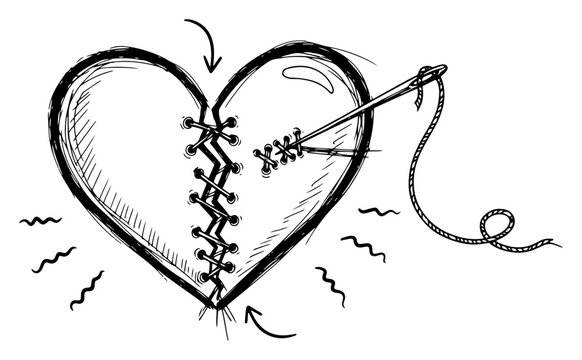 Hand Drawn Mended Heart Vector Illustration of Broken Love Symbol Being Sewn with Needle and Thread