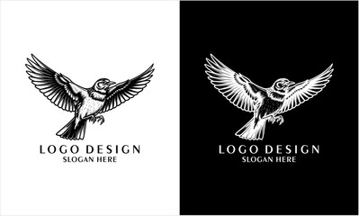 Detailed monochrome flying owl logo with spread wings illustration.
