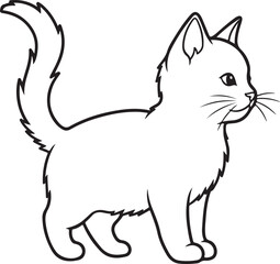 Simple line art of a playful kitten in profile view, showcasing sharp triangular ears, a small nose, delicate whiskers, and a wavy tail. Rendered with clean thin black outlines, no fills or shading