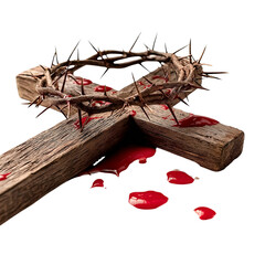 Wooden Cross and Crown of Thorns isolated on a transparent background
