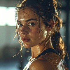 Intense Gaze of a Sweaty Female Athlete After a Vigorous Workout Session.