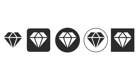 Vector diamond icon set for app UI design | Black and white gemstone symbol graphic element | Modern flat precious stone logo variations | Luxury reward achievement badge glyphs