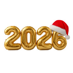 Golden 2026 balloons with Santa hat isolated on a transparent background
