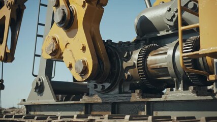 Detailed view of the mechanical gears and parts of a nodding donkey, tirelessly extracting crude petroleum from an oil well, symbolizing the energy industry and fossil fuel production