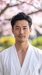 Portrait of a serious Japanese man in a white kimono standing outdoors with cherry blossoms in the background.