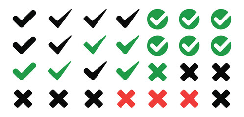 Check marks and cross icons set. Green, red, and black tick and X symbols.
