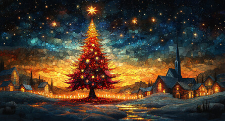  Luminous Christmas Tree in Mosaic Over Forest and Village at Dusk