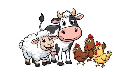 Obraz premium Cartoon Farm Animals: A Cheerful Group of Livestock on a White Background