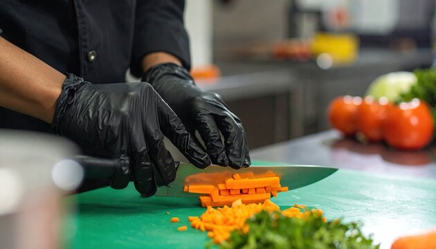 Professional chef in black gloves precisely chopping fresh carrots on a green cutting board in a kitchen. - Powered by Adobe