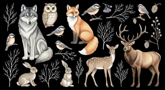 A collection of wildlife illustrations set against a stark black backdrop - Powered by Adobe