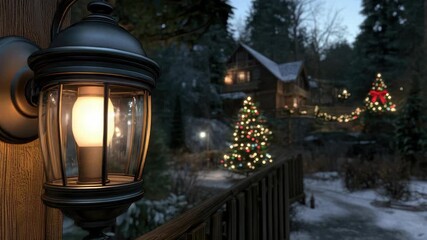 A lantern lights up beside a wooden porch. Snow covers the ground, and holiday decorations are seen on nearby trees and houses - Powered by Adobe