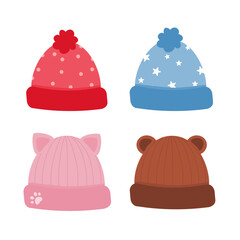 A set of  knitted winter hats. Wool beanie hat cartoon