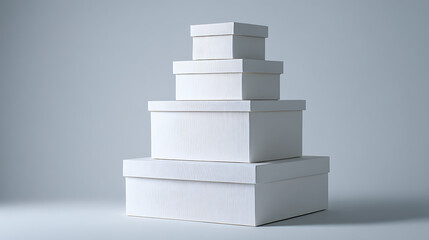 Pyramid stack of blank white gift boxes on a grey background with soft lighting