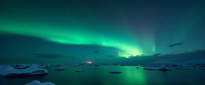 Vibrant green aurora borealis over icy lagoon under starry night sky - Powered by Adobe
