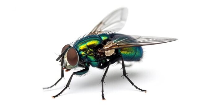 Close-up of a common green bottle fly on a white background.