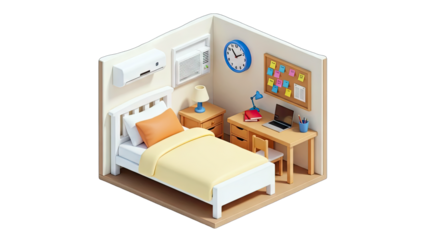Isometric Bedroom with Bed, Desk, and Air Conditioner