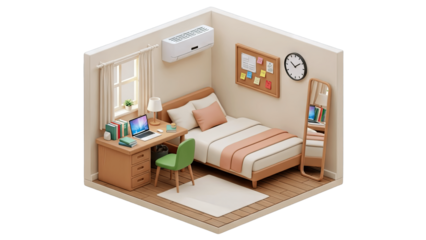 Isometric Bedroom with Desk, Bed, and Mirror