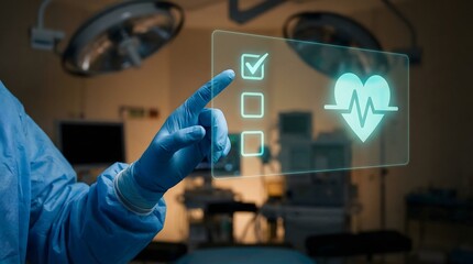 Surgeon interacting with digital healthcare interface displaying heart rate and checklist in operating room.
