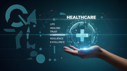 Modern healthcare concept, hand holding virtual globe with cross, representing life, healing, trust, compassion, resilience, and excellence in medical services and technology.