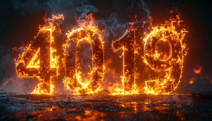 Fiery '4019' with smoke, vivid flames engulfing numbers on dark surface, dramatic and intense visual