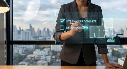 Architect reviewing building plans with digital interface overlooking modern cityscape, project management concept.