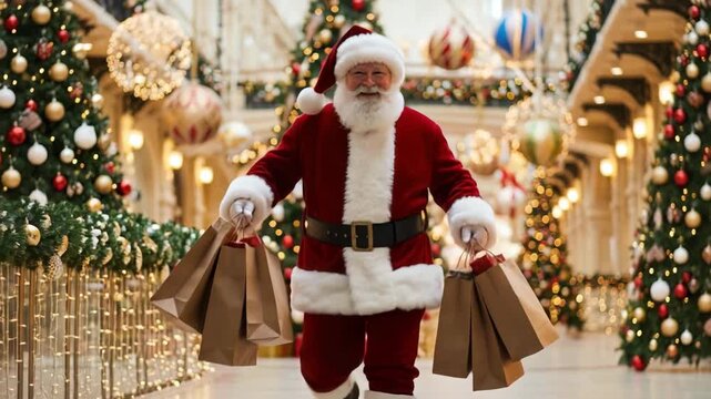 Smiling santa claus carrying many paper bags with presents while walking through a beautifully decorated shopping mall during the festive holiday season, looking at the camera