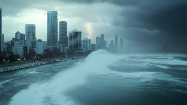 Coastal Chaos: A dramatic scene unfolds as towering waves crash against the shoreline, city buildings enduring nature's furious temperament during a fierce storm.