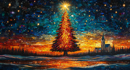 Winter Landscape in Mosaic with Golden Christmas Tree and Starry Sky