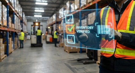 Warehouse worker using digital interface for inventory management, logistics, and supply chain verification.