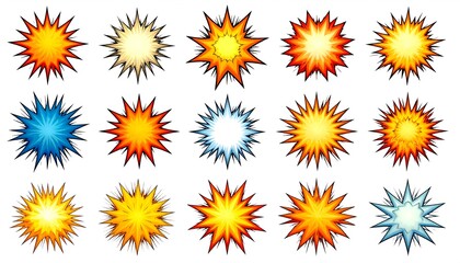 Fifteen cartoon explosions in various colors