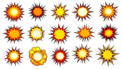 Set of cartoon explosions in various orange, yellow, and red styles, bursting outwards