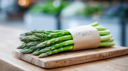 Fresh green asparagus bundled with a natural paper wrap on a wooden cutting board, showcasing vibrant colors and organic appeal in a rustic kitchen setting