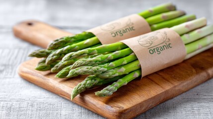 Fresh organic asparagus bundled with eco-friendly packaging, resting on a rustic wooden cutting board, showcasing vibrant green color and natural textures for culinary inspiration