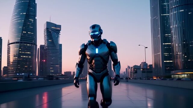 A futuristic, metallic figure stands in front of a city skyline, glowing with neon lights