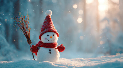 Cute Snowman with Red Santa Hat, Scarf, and Broom in Snowy Winter Forest Setting