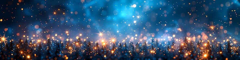 Panoramic View of Abstract Sparkles and Lights in a Dark Blue Sky