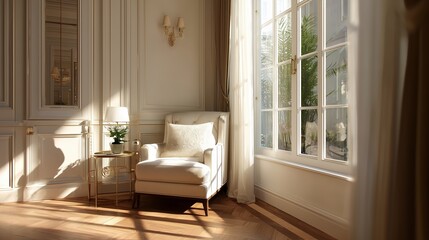 Fototapeta premium Bright room with a chair and plant near a window during daylight hours in a cozy setting