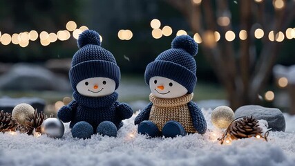 Two snowmen made from fabric sit on snow with Christmas decorations and lights around them on a winter evening