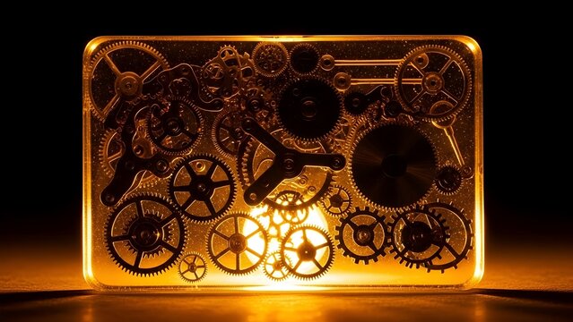 Transparent resin business card with miniature gears and clockwork mechanisms, golden light.