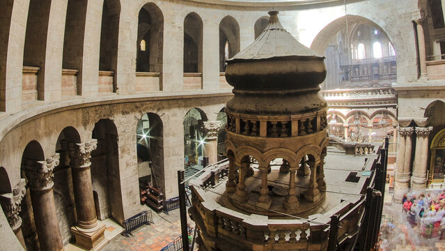 The Holy Sepulchre Church inside from top in Jerusalem timelapse.