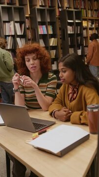 Vertical shot of young adult South Asian woman collaborating on academic task with groupmate sitting at library desk and reading laptop screen