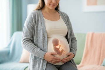 Pregnant woman gently holding her stomach, digitally displaying a developing fetus, illustrating the journey of pregnancy, motherhood, and the concept of in vitro fertilization - ivf -